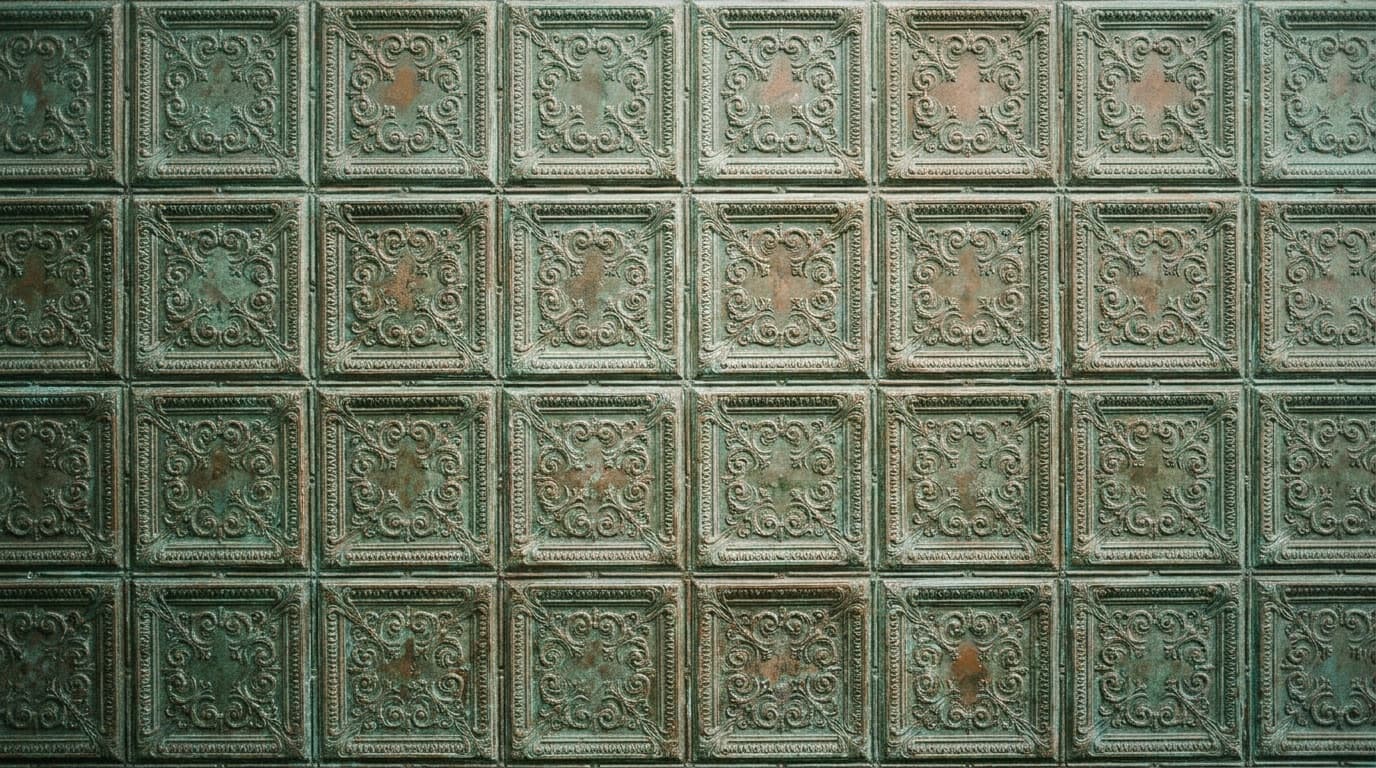 Närbild av ärgat pressat koppartak med upprepande ornament.