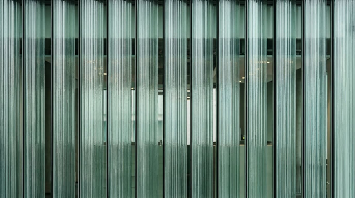 Närbild av räfflat glas i en modern fasad med gröna reflexer.