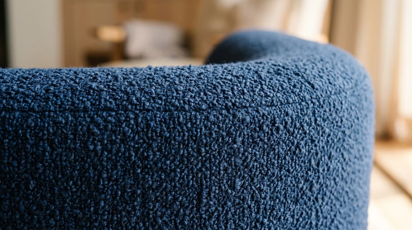 Indigoblå bouclétextil på en rundad möbelkant i varmt ljus.